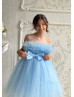 Blue Tulle Tea Length Popular Flower Girl Dress